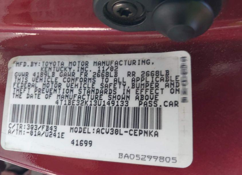 Photo 9 of 2003 Toyota Camry LE (VIN 4T1BE32K13U149133)