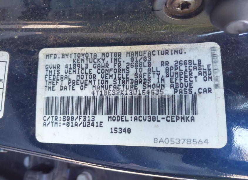Photo 9 of 2003 Toyota Camry LE (VIN 4T1BE32K13U164635)