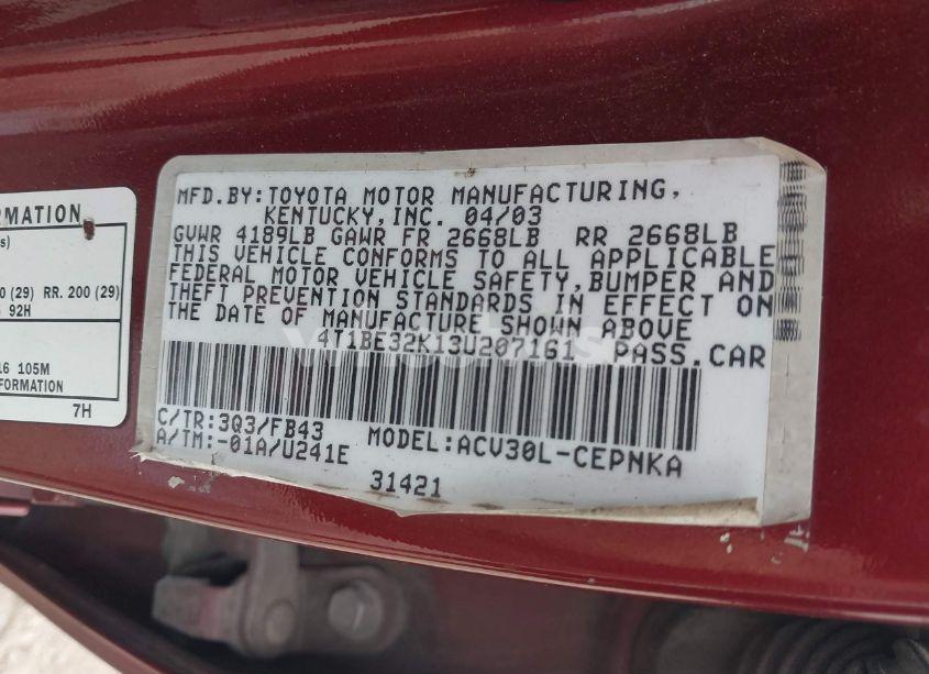 Photo 9 of 2003 Toyota Camry LE (VIN 4T1BE32K13U207161)