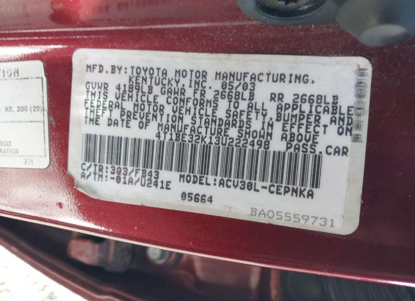 Photo 9 of 2003 Toyota Camry LE (VIN 4T1BE32K13U222498)