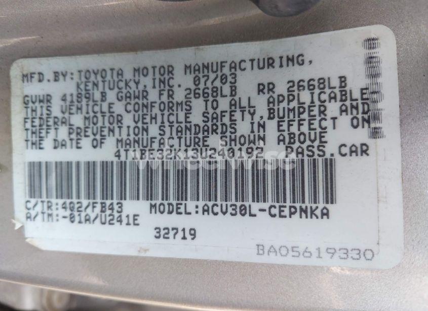 Photo 9 of 2003 Toyota Camry LE (VIN 4T1BE32K13U240192)