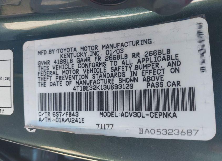 Photo 9 of 2003 Toyota Camry LE (VIN 4T1BE32K13U693129)