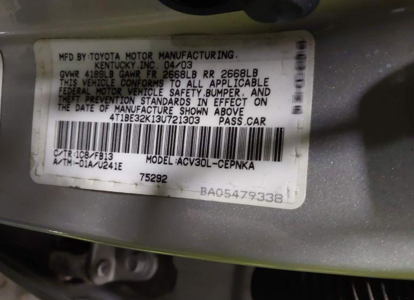 Photo 9 of 2003 Toyota Camry LE/XLE/SE (VIN 4T1BE32K13U721303)