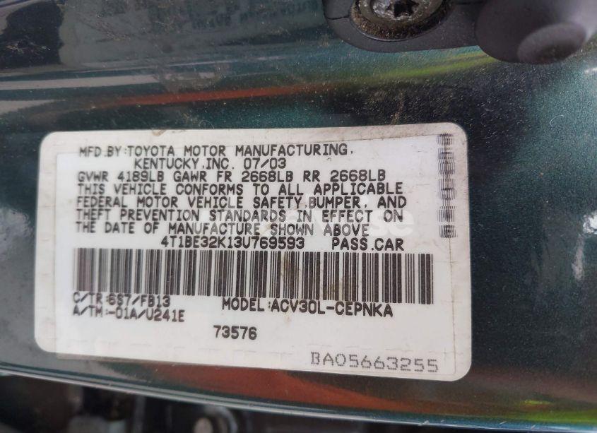 Photo 9 of 2003 Toyota Camry LE (VIN 4T1BE32K13U769593)