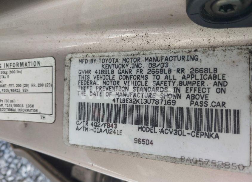 Photo 9 of 2003 Toyota Camry LE (VIN 4T1BE32K13U787169)