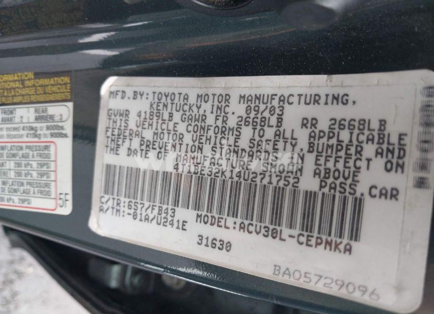 Photo 9 of 2004 Toyota Camry LE (VIN 4T1BE32K14U271752)