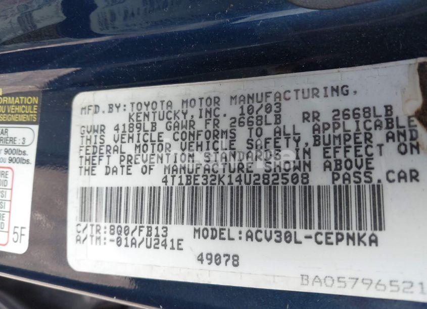 Photo 9 of 2004 Toyota Camry LE (VIN 4T1BE32K14U282508)