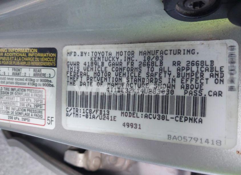 Photo 9 of 2004 Toyota Camry LE (VIN 4T1BE32K14U283030)