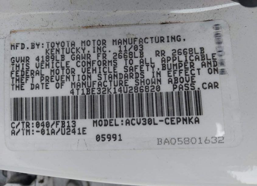 Photo 9 of 2004 Toyota Camry LE (VIN 4T1BE32K14U286820)