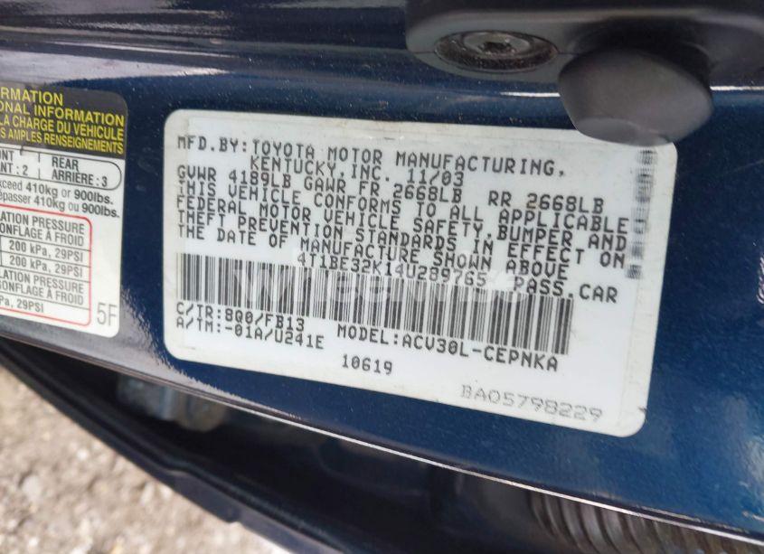 Photo 9 of 2004 Toyota Camry LE/SE/STD/XLE (VIN 4T1BE32K14U289765)