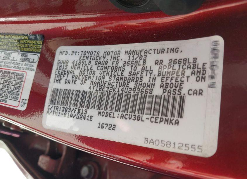 Photo 9 of 2004 Toyota Camry LE (VIN 4T1BE32K14U293668)