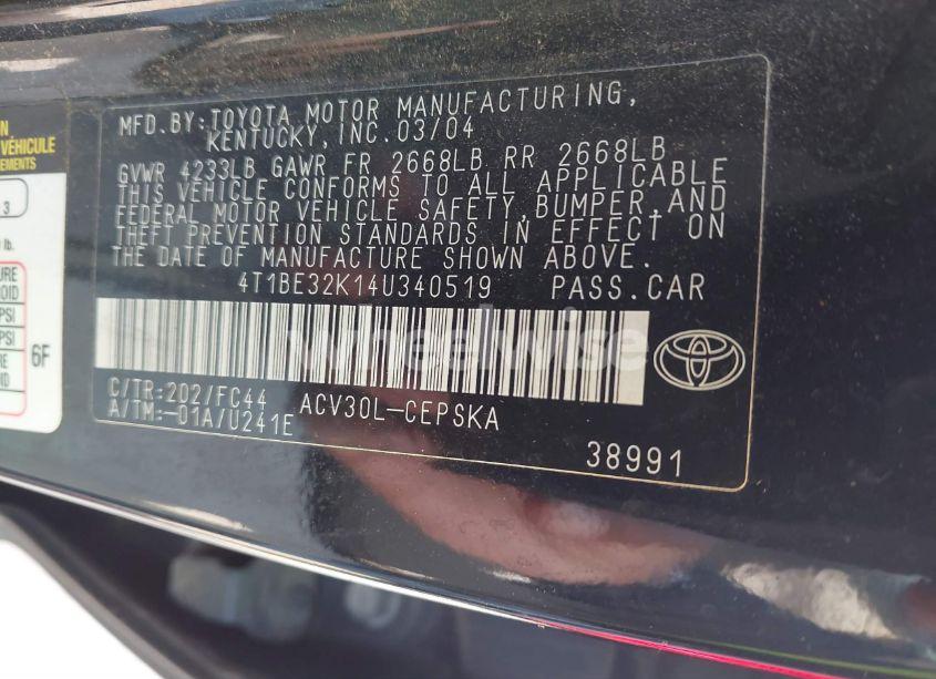 Photo 9 of 2004 Toyota Camry SE (VIN 4T1BE32K14U340519)