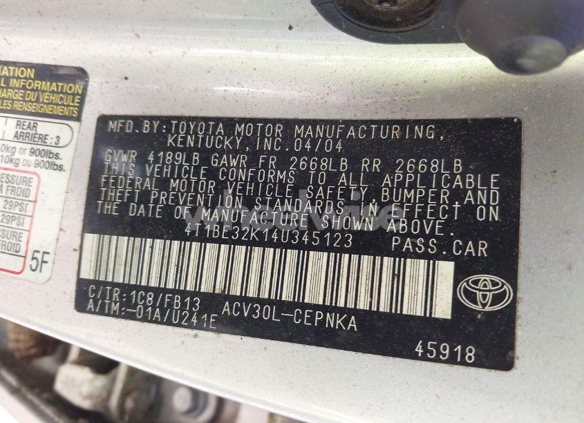 Photo 9 of 2004 Toyota Camry LE (VIN 4T1BE32K14U345123)