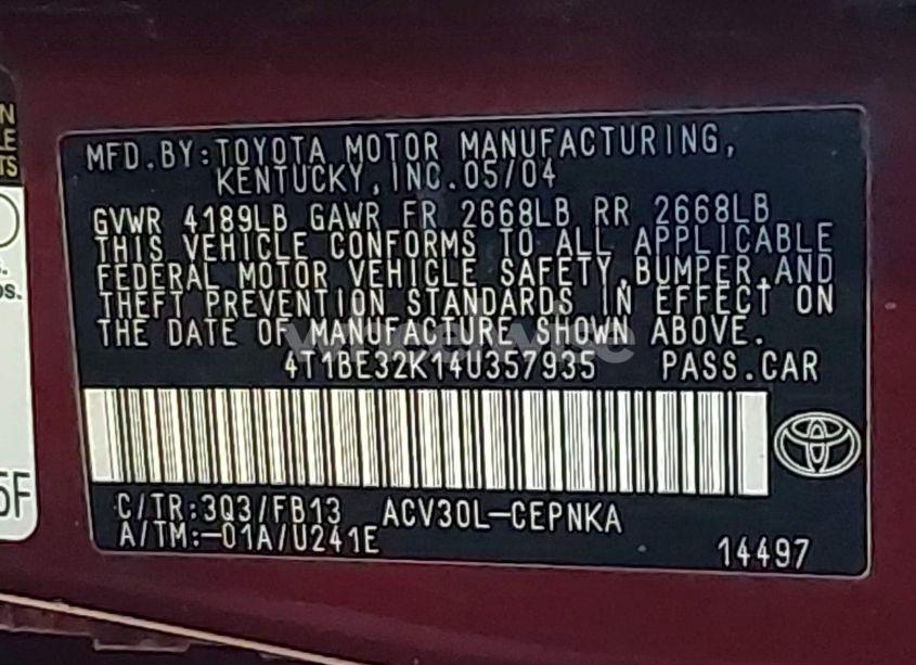 Photo 9 of 2004 Toyota Camry LE/SE/STD/XLE (VIN 4T1BE32K14U357935)