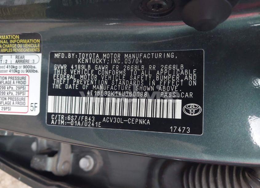 Photo 9 of 2004 Toyota Camry LE (VIN 4T1BE32K14U360088)