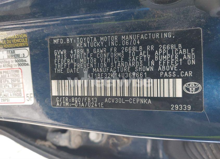 Photo 9 of 2004 Toyota Camry LE (VIN 4T1BE32K14U368661)