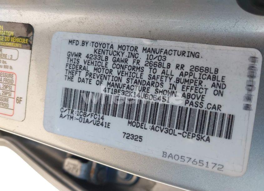 Photo 9 of 2004 Toyota Camry SE (VIN 4T1BE32K14U806451)