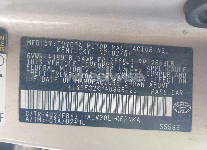 Photo 9 of 2004 Toyota Camry LE (VIN 4T1BE32K14U866925)