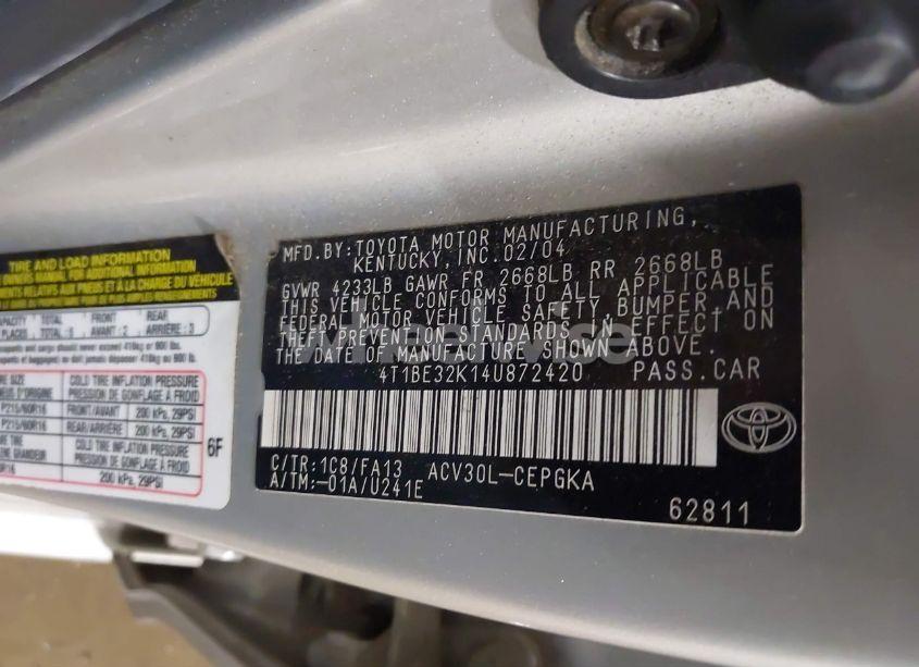 Photo 9 of 2004 Toyota Camry XLE (VIN 4T1BE32K14U872420)