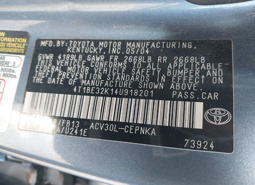 Photo 9 of 2004 Toyota Camry LE (VIN 4T1BE32K14U918201)