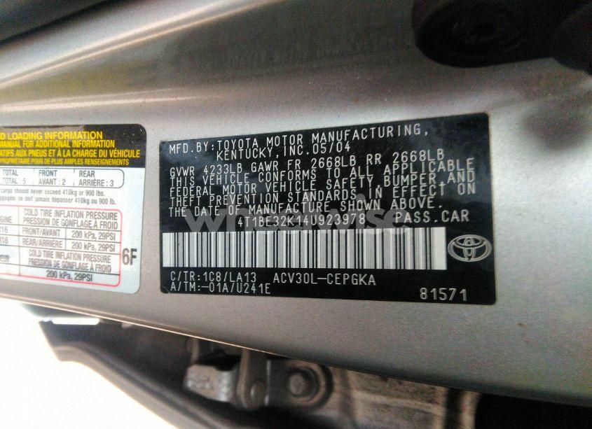 Photo 9 of 2004 Toyota Camry XLE (VIN 4T1BE32K14U923978)