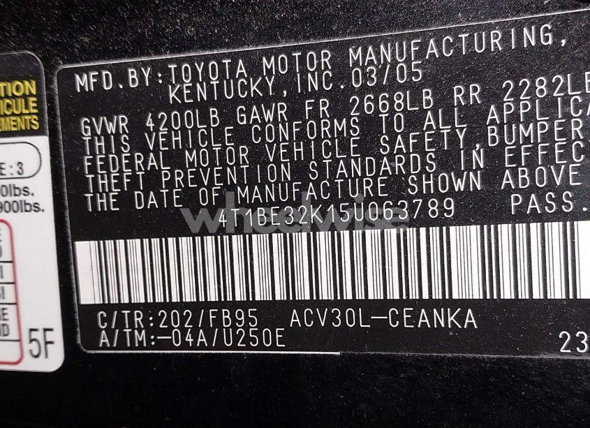 Photo 9 of 2005 Toyota Camry LE (VIN 4T1BE32K15U063789)