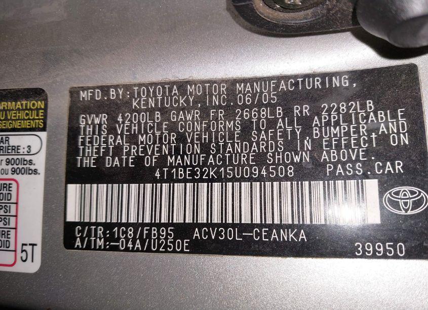 Photo 9 of 2005 Toyota Camry STD (VIN 4T1BE32K15U094508)