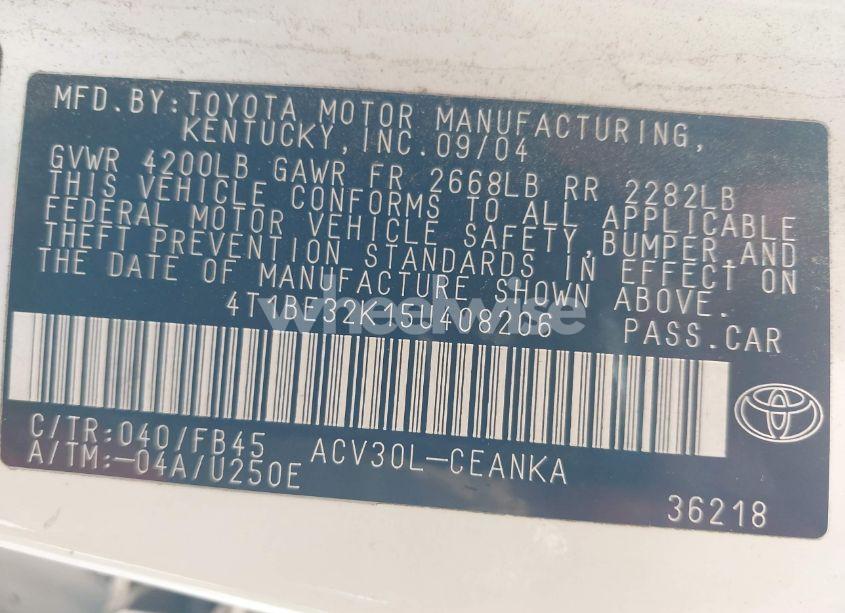 Photo 9 of 2005 Toyota Camry LE (VIN 4T1BE32K15U408206)