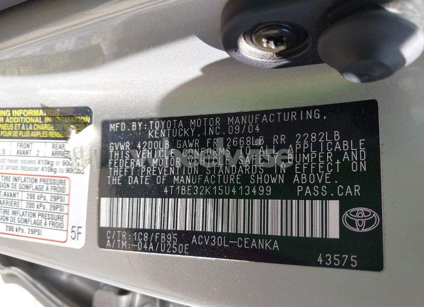 Photo 9 of 2005 Toyota Camry LE (VIN 4T1BE32K15U413499)