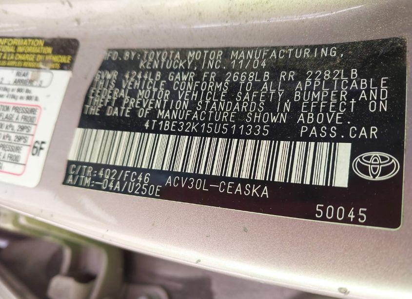 Photo 9 of 2005 Toyota Camry SE (VIN 4T1BE32K15U511335)