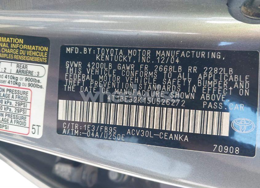 Photo 9 of 2005 Toyota Camry STD (VIN 4T1BE32K15U526272)