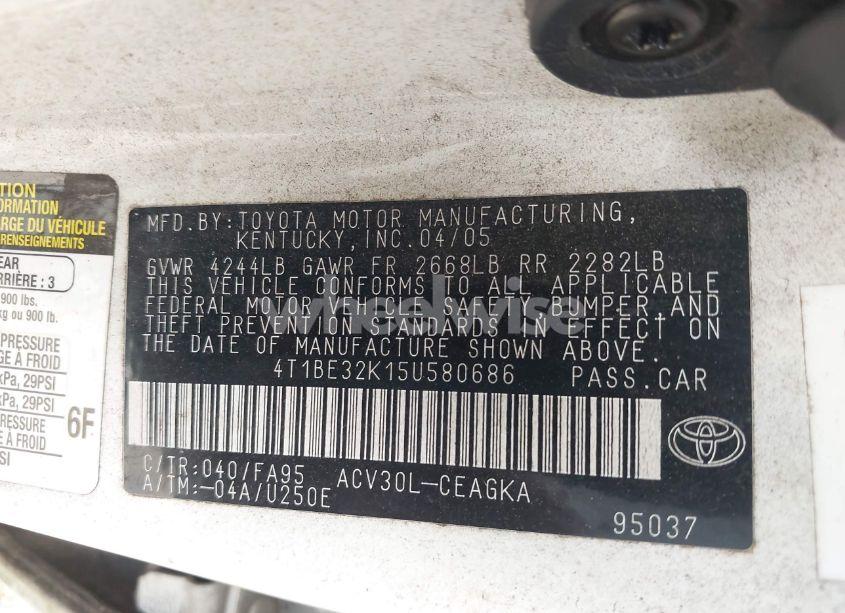 Photo 9 of 2005 Toyota Camry XLE (VIN 4T1BE32K15U580686)