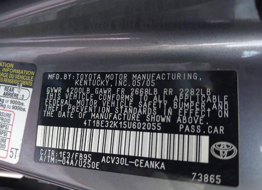 Photo 9 of 2005 Toyota Camry STD (VIN 4T1BE32K15U602055)