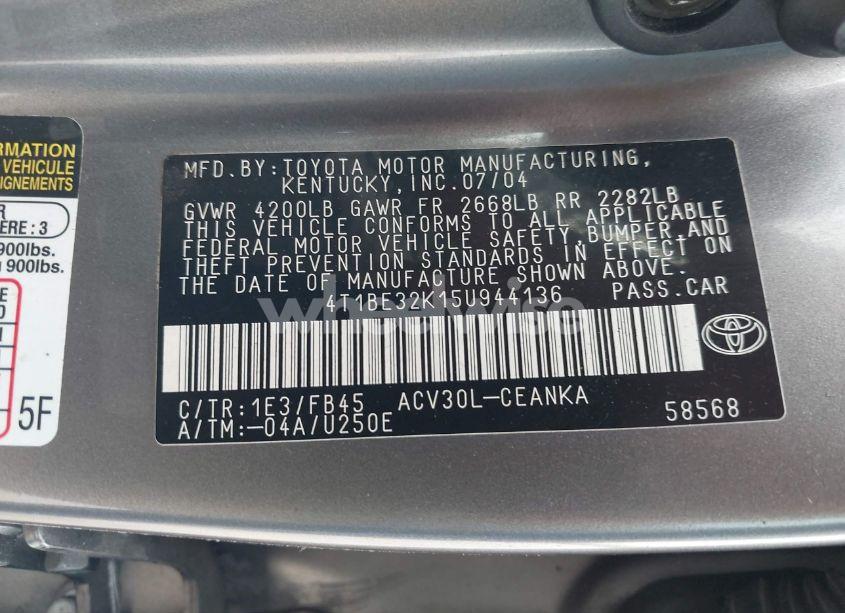 Photo 9 of 2005 Toyota Camry LE (VIN 4T1BE32K15U944136)