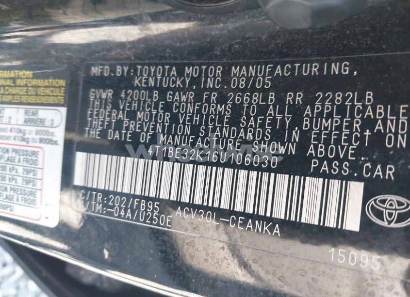 Photo 9 of 2006 Toyota Camry STD (VIN 4T1BE32K16U106030)