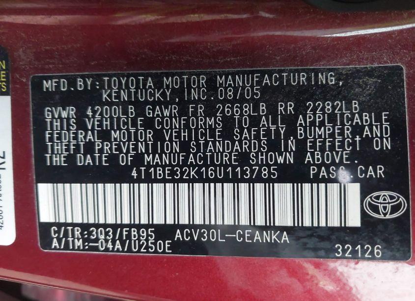 Photo 9 of 2006 Toyota Camry LE (VIN 4T1BE32K16U113785)