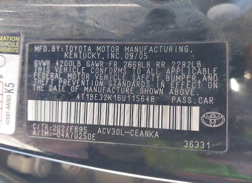 Photo 9 of 2006 Toyota Camry STD (VIN 4T1BE32K16U115648)