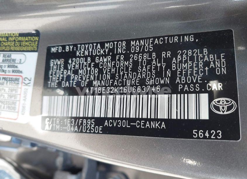 Photo 9 of 2006 Toyota Camry LE (VIN 4T1BE32K16U663746)