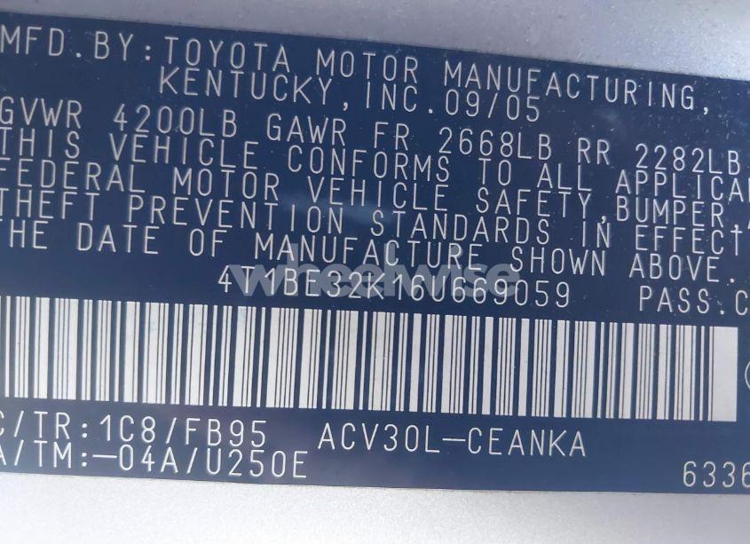 Photo 9 of 2006 Toyota Camry STD (VIN 4T1BE32K16U669059)