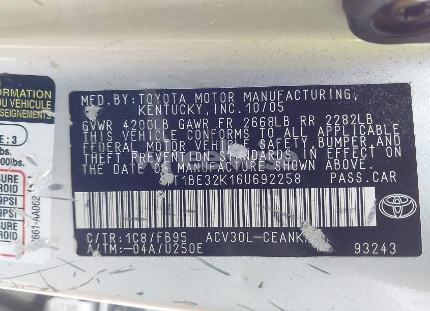 Photo 9 of 2006 Toyota Camry STD (VIN 4T1BE32K16U692258)