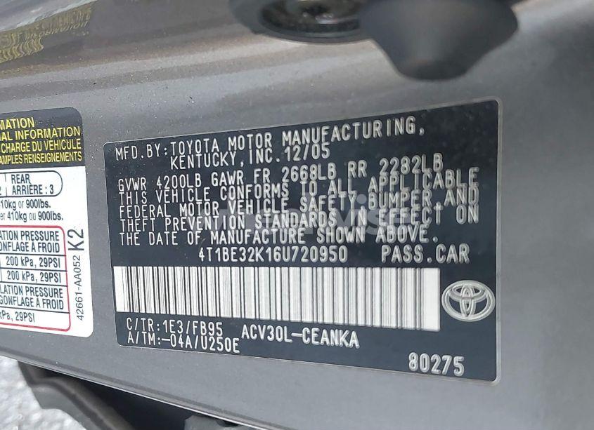 Photo 9 of 2006 Toyota Camry LE (VIN 4T1BE32K16U720950)