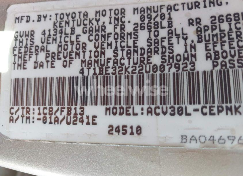 Photo 9 of 2002 Toyota Camry LE (VIN 4T1BE32K22U007923)
