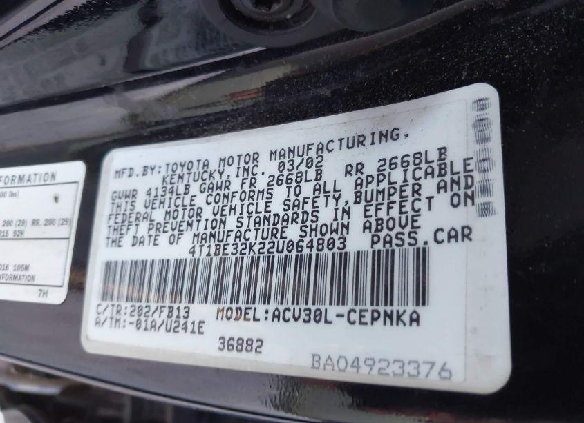 Photo 9 of 2002 Toyota Camry LE (VIN 4T1BE32K22U064803)