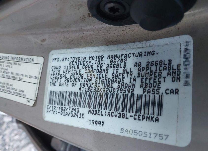Photo 9 of 2002 Toyota Camry LE (VIN 4T1BE32K22U079592)