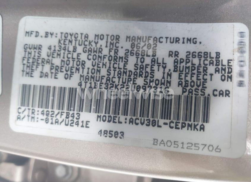 Photo 9 of 2002 Toyota Camry LE (VIN 4T1BE32K22U097316)