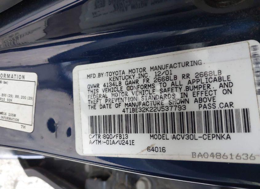 Photo 9 of 2002 Toyota Camry LE (VIN 4T1BE32K22U537793)