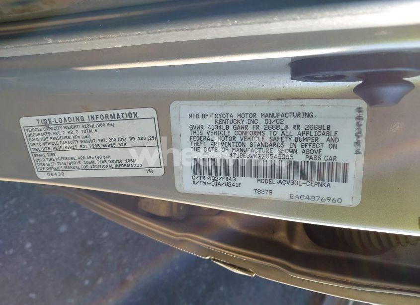 Photo 9 of 2002 Toyota Camry LE (VIN 4T1BE32K22U549085)