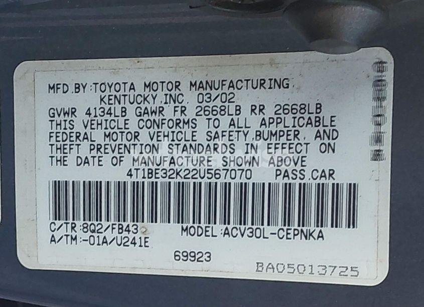 Photo 9 of 2002 Toyota Camry LE (VIN 4T1BE32K22U567070)