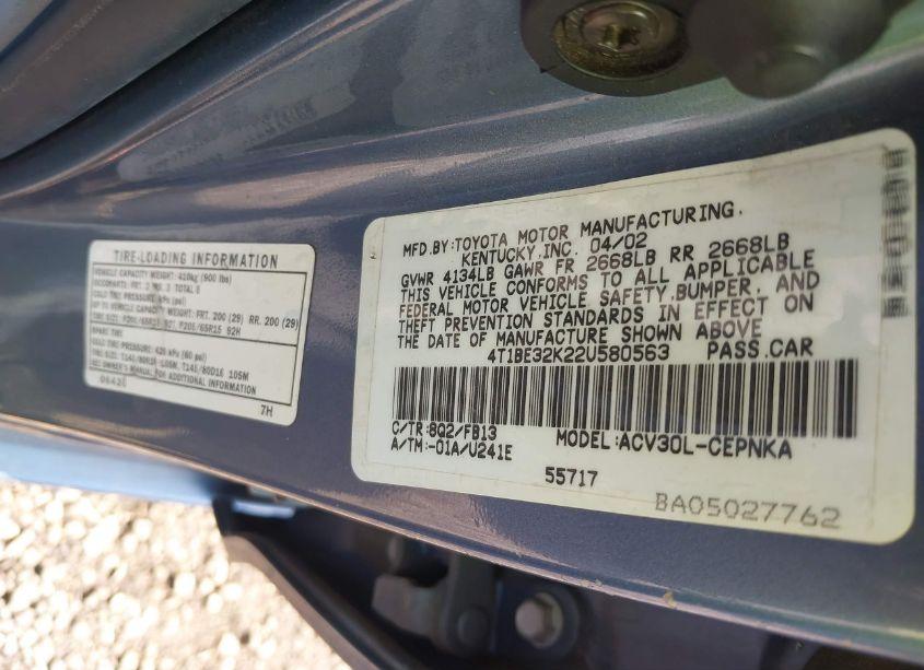 Photo 9 of 2002 Toyota Camry LE (VIN 4T1BE32K22U580563)
