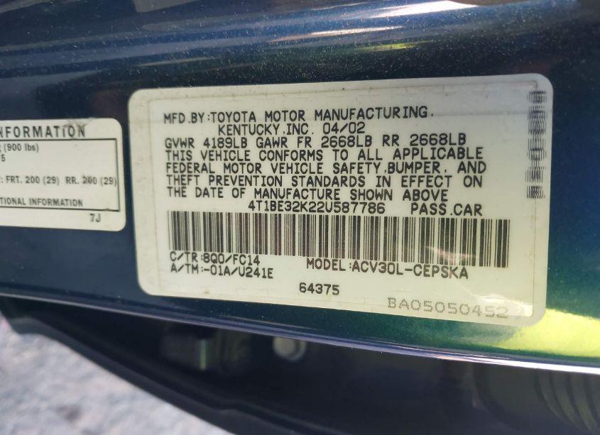 Photo 9 of 2002 Toyota Camry SE (VIN 4T1BE32K22U587786)